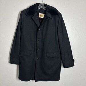 Lakeland Coat Men 42L Black Wool Burgundy Shearling Lined Faux Fur Collar EUC